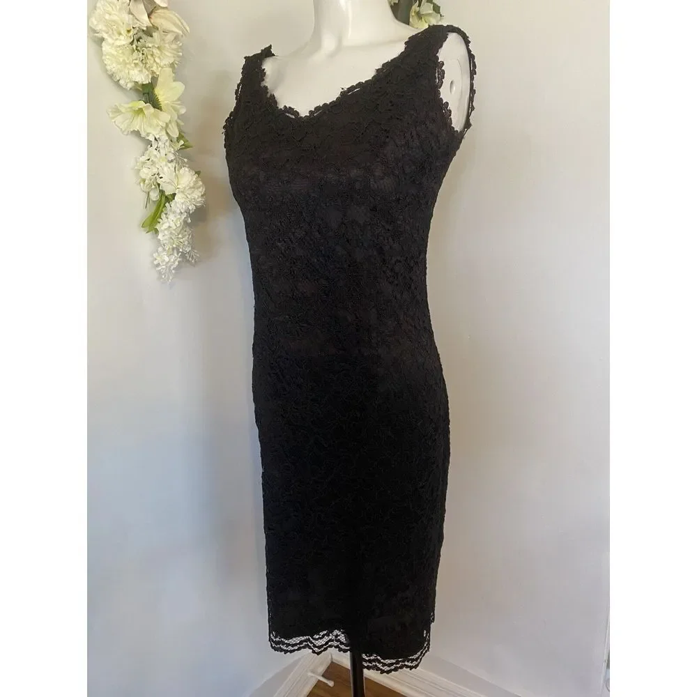 Vintage 1980's Expo Nite Black Lace Sexy Midi Sheath‎ Dress Size 12 Pin Up EUC